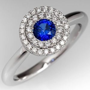 Blue Sapphire Engagement Ring w/ Diamond Halo 18K White Gold .40ct.